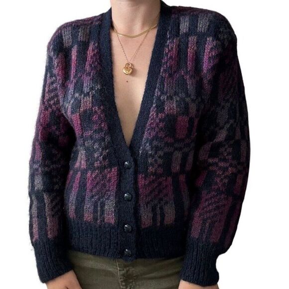 Vintage 1990s Womens Mohair Fluffy Striped Witchy Hippy Cardigan Sz M - Picture 1 of 6